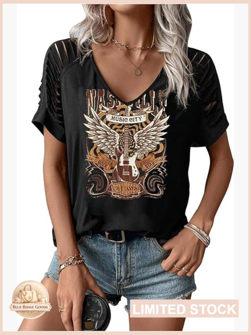Nashville Music City Graphic V-Neck Tee - Black